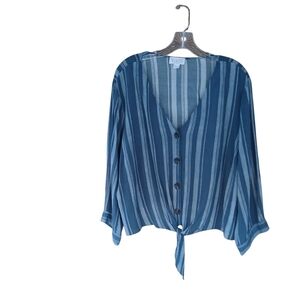 Vixbe Blue & White Striped 3/4 Sleeve Tie Front Rayon Shirt Size XXL